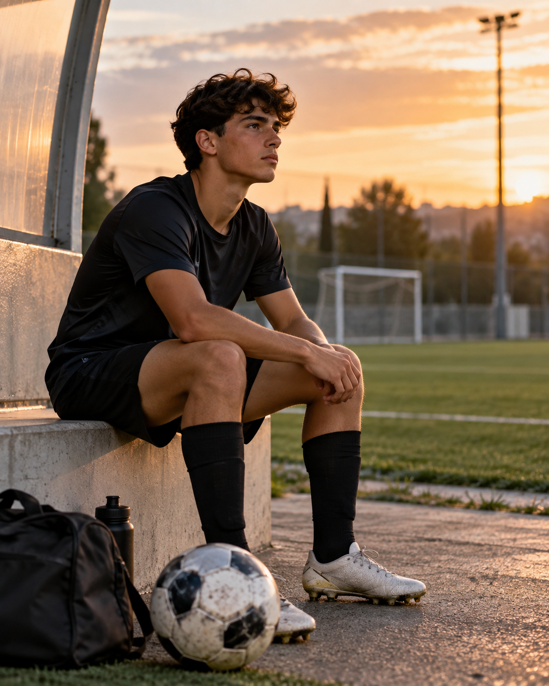 Jeune joueur de football au bord du terrain