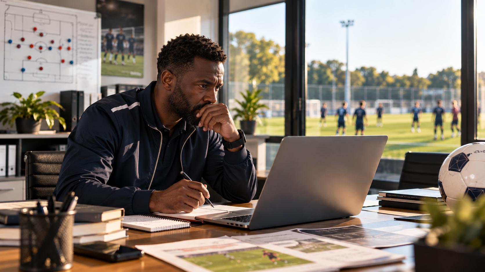 Professionnel du football travaillant sur une analyse tactique