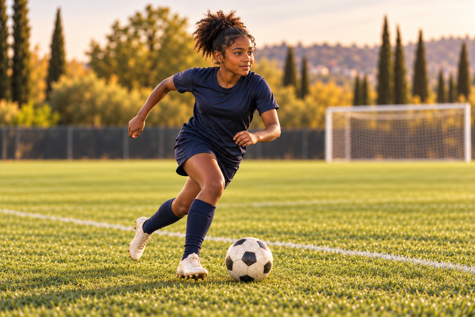 Jeune footballeuse en action, ballon au pied