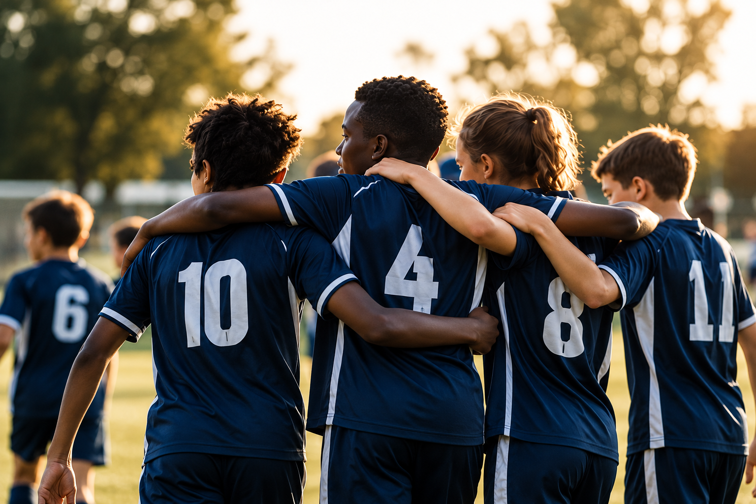 Jeunes footballeurs et footballeuse réunis, les bras autour des épaules, au bord du terrain