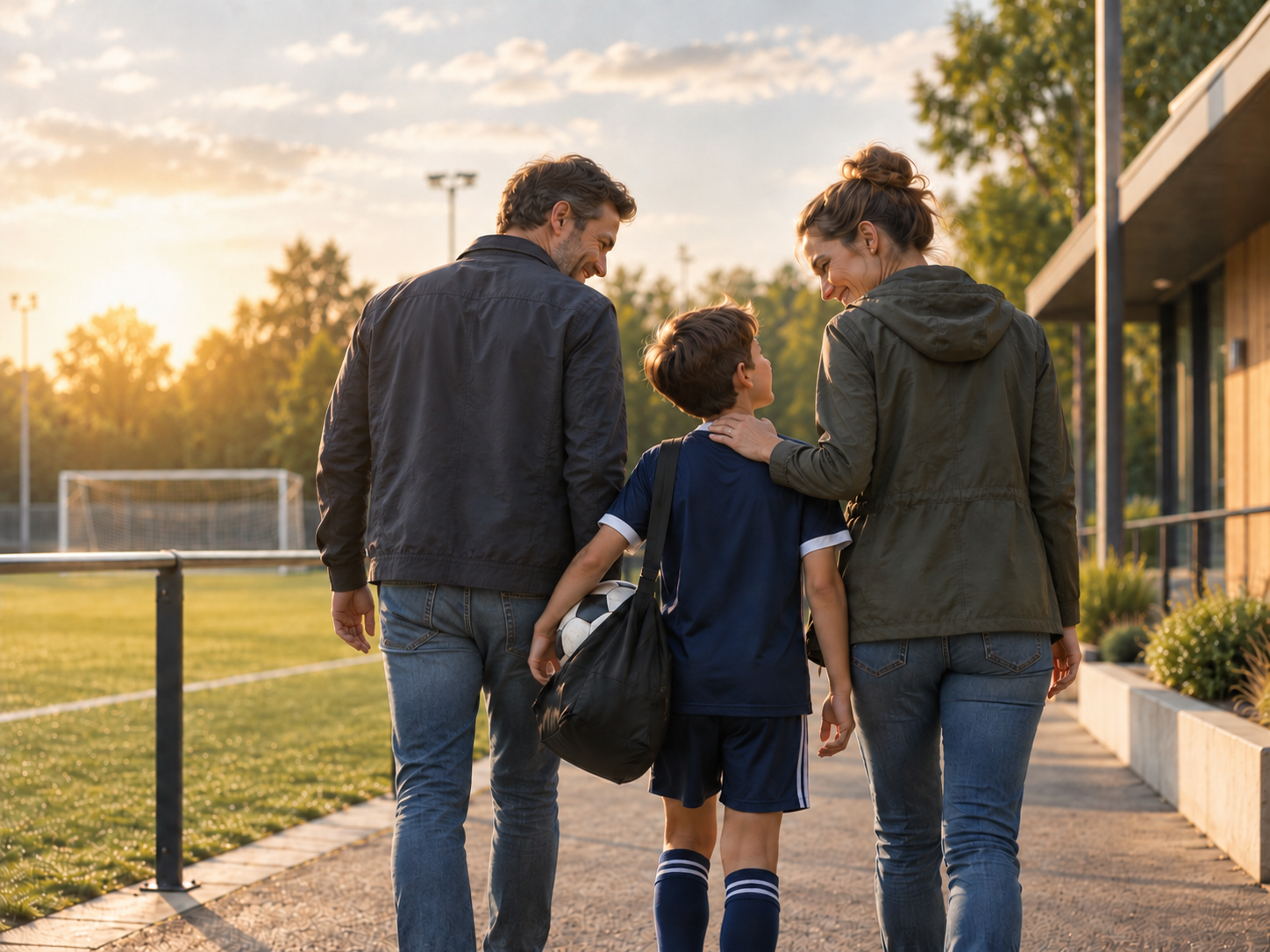 Jeune joueur de football accompagné de ses parents