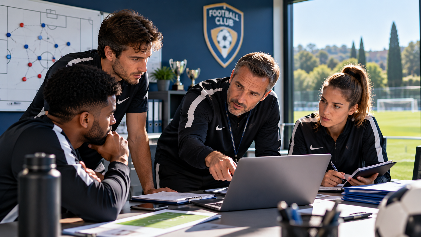 Réunion tactique d’un staff de football